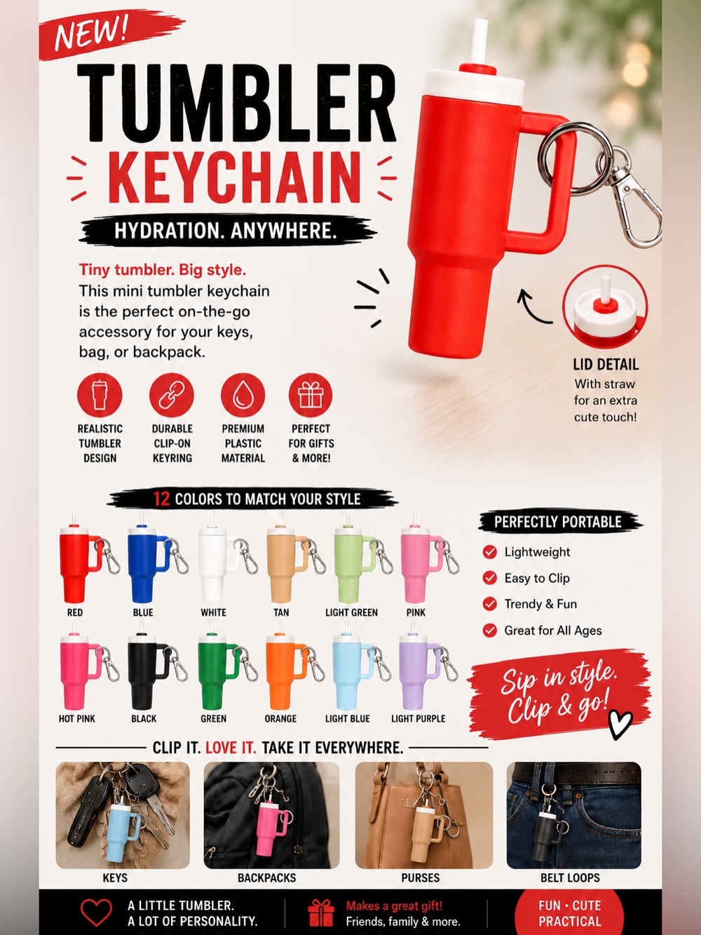 Mini Tumbler Stanley Style Keychain with Straw Chapstick Holder